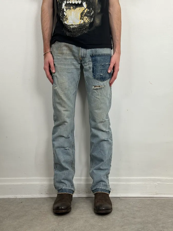 FW2000 Dolce & Gabbana Blue Irregular Red Pocket Custom Denim Jeans - Image 2