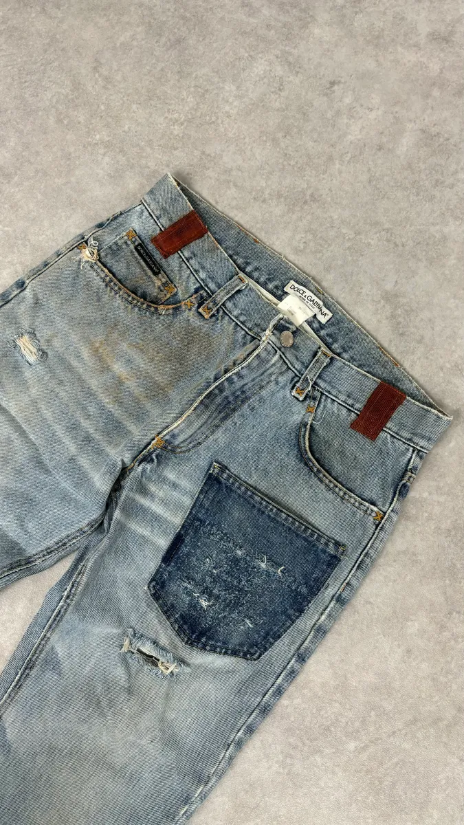 FW2000 Dolce & Gabbana Blue Irregular Red Pocket Custom Denim Jeans - Image 5