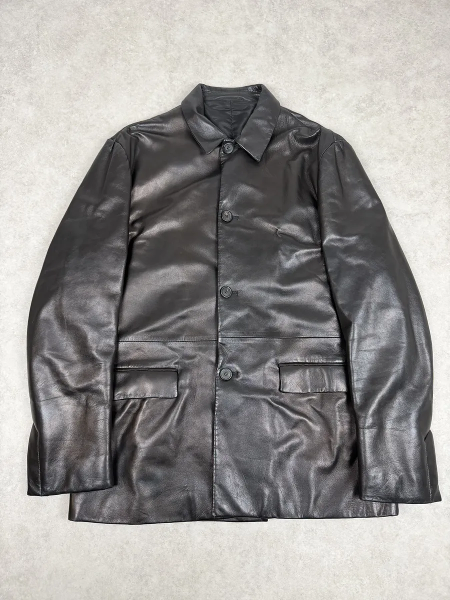 FW2000 Prada Black Long Minimalist Premium Leather Jacket