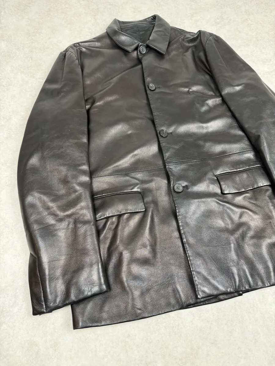 FW2000 Prada Black Long Minimalist Premium Leather Jacket - Image 2