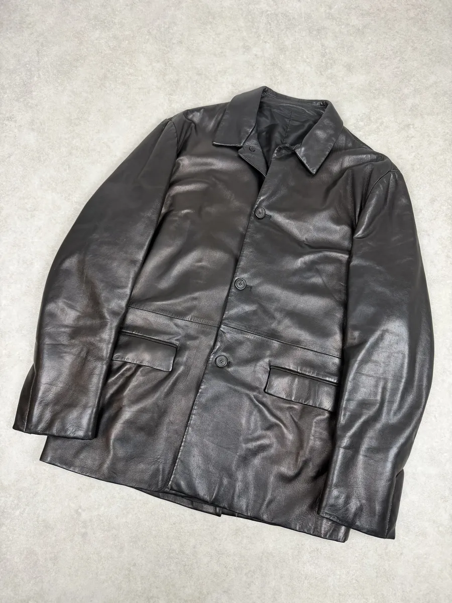 FW2000 Prada Black Long Minimalist Premium Leather Jacket - Image 5
