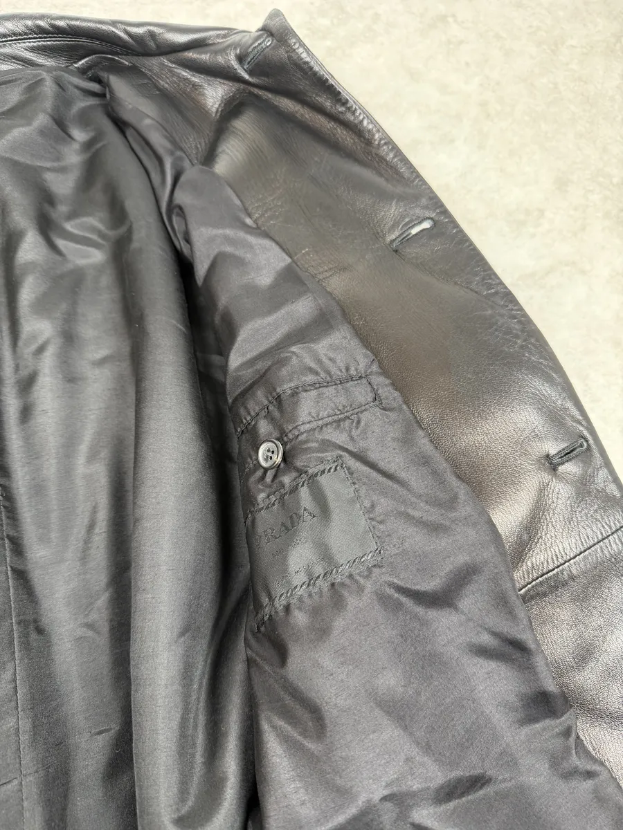 FW2000 Prada Black Long Minimalist Premium Leather Jacket - Image 6