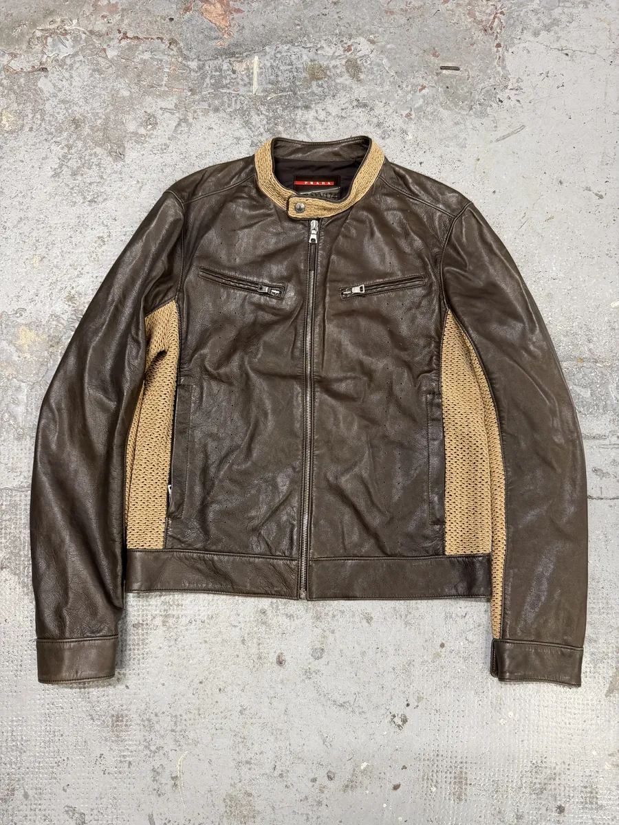 FW2000 Prada Brown & Beige Biker Leather Jacket