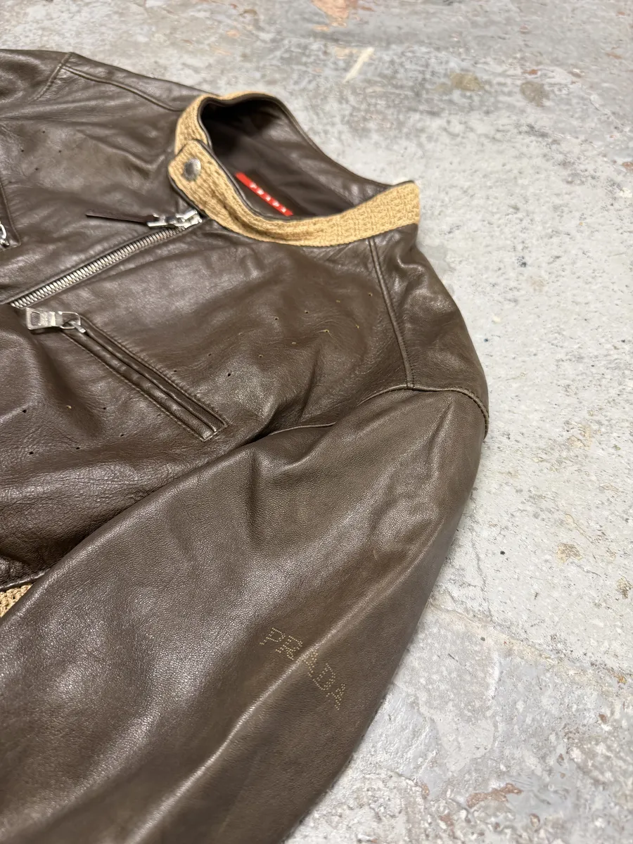 FW2000 Prada Brown & Beige Biker Leather Jacket - Image 11