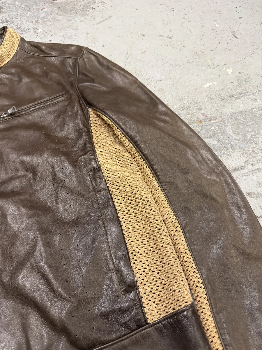 FW2000 Prada Brown & Beige Biker Leather Jacket - Image 6