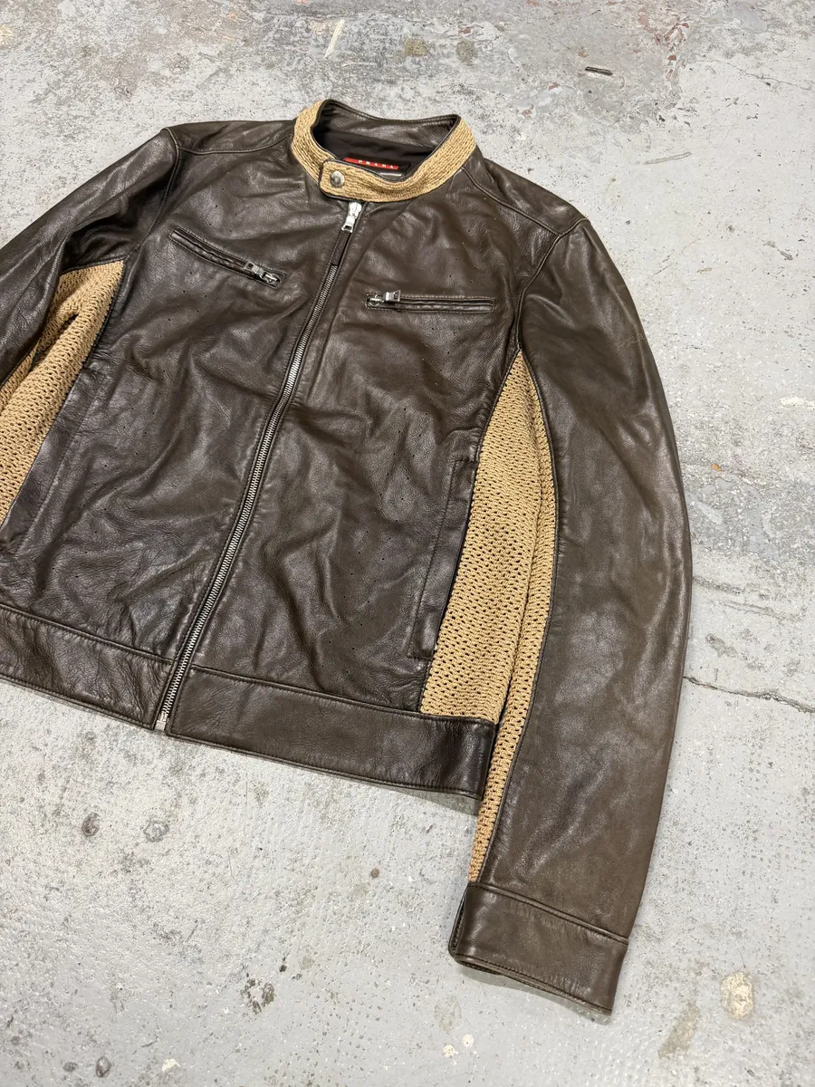 FW2000 Prada Brown & Beige Biker Leather Jacket - Image 7