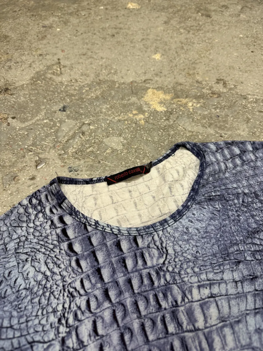 FW2000 Roberto Cavalli Blue Crocodile Effect Tee-Shirt - Image 4