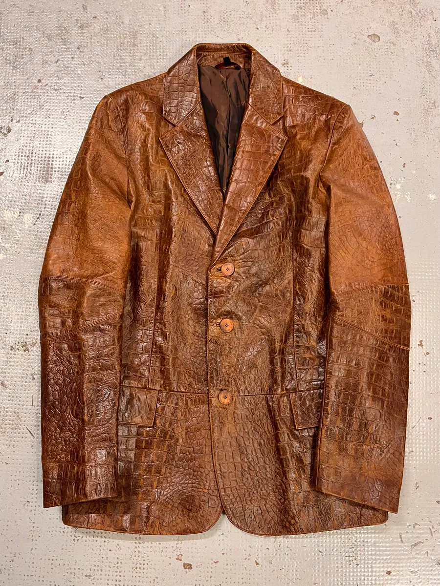 FW2000 Roberto Cavalli Brown Crocodile Embossed Leather Blazer Jacket - Image 4