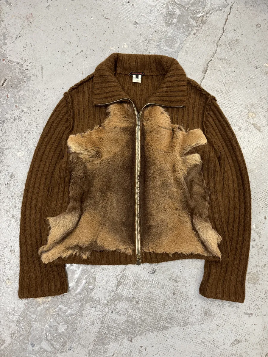 FW2000 Roberto Cavalli Brown Pony Hair Wool Zip-up Sweater - Image 7