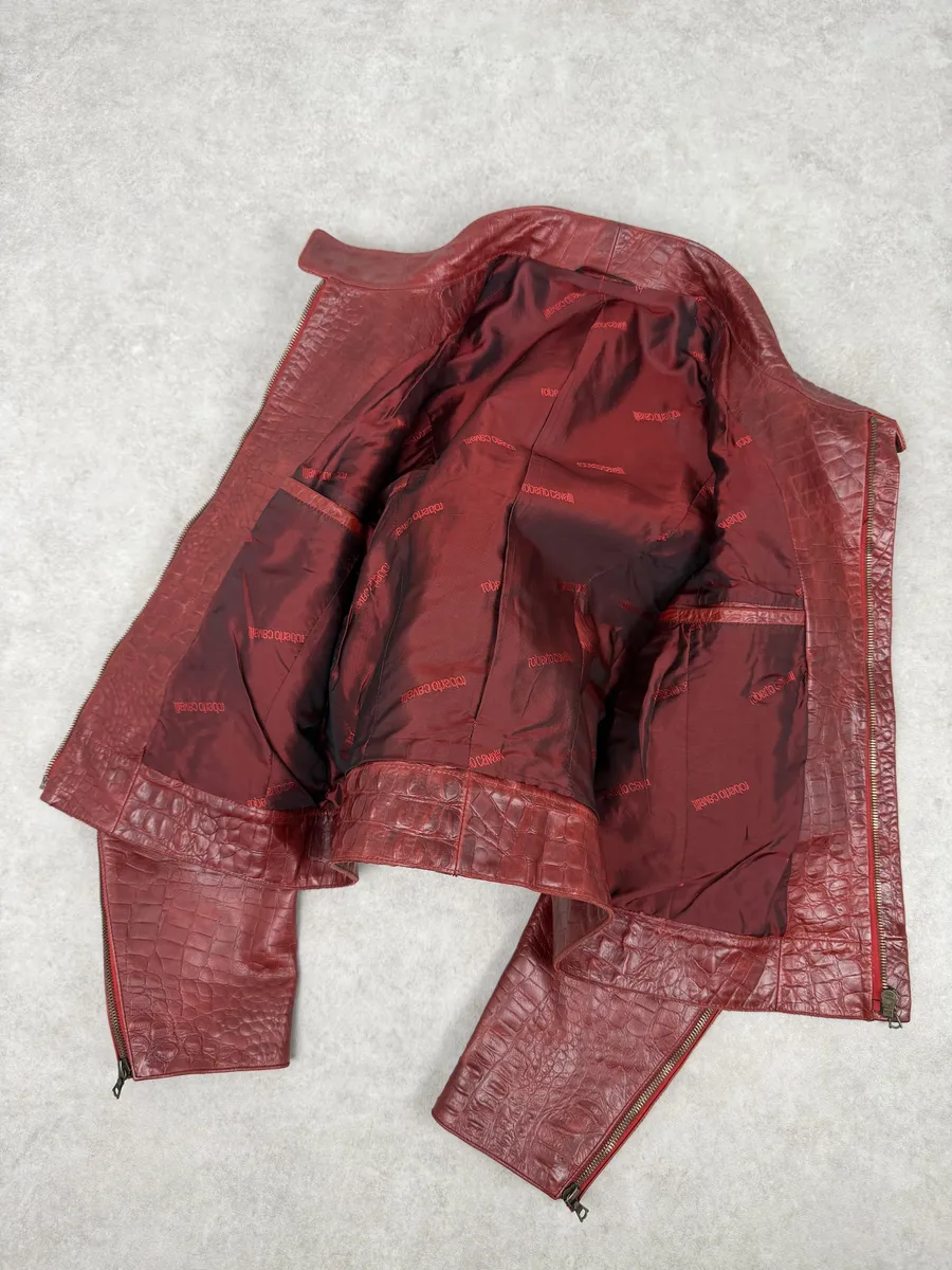 FW2000 Roberto Cavalli Red Leather Crocodile Embossed Leather Jacket - Image 7