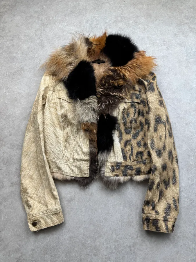 FW2001 Roberto Cavalli Fox Fur Leopard Denim Jacket