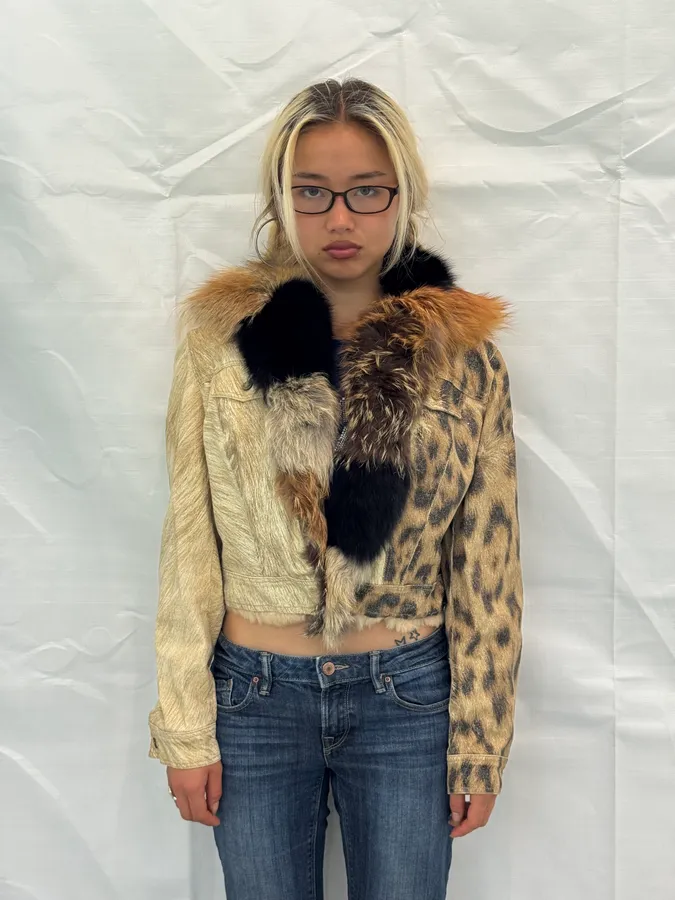 FW2001 Roberto Cavalli Fox Fur Leopard Denim Jacket - Image 2