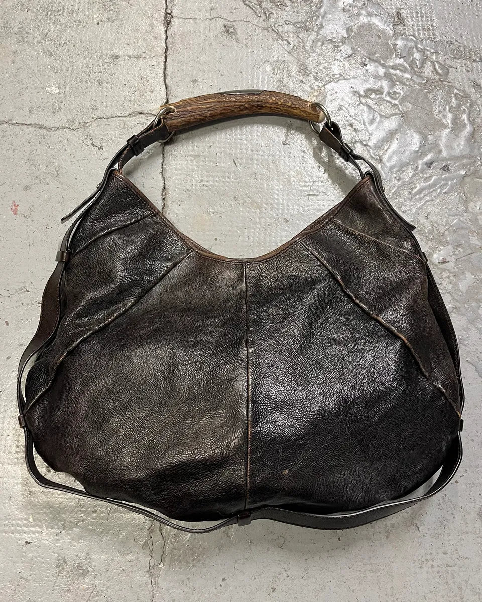 FW2001 Yves Saint Laurent Tom Ford Mombasa Horn Dark Brown Leather Handle Bag