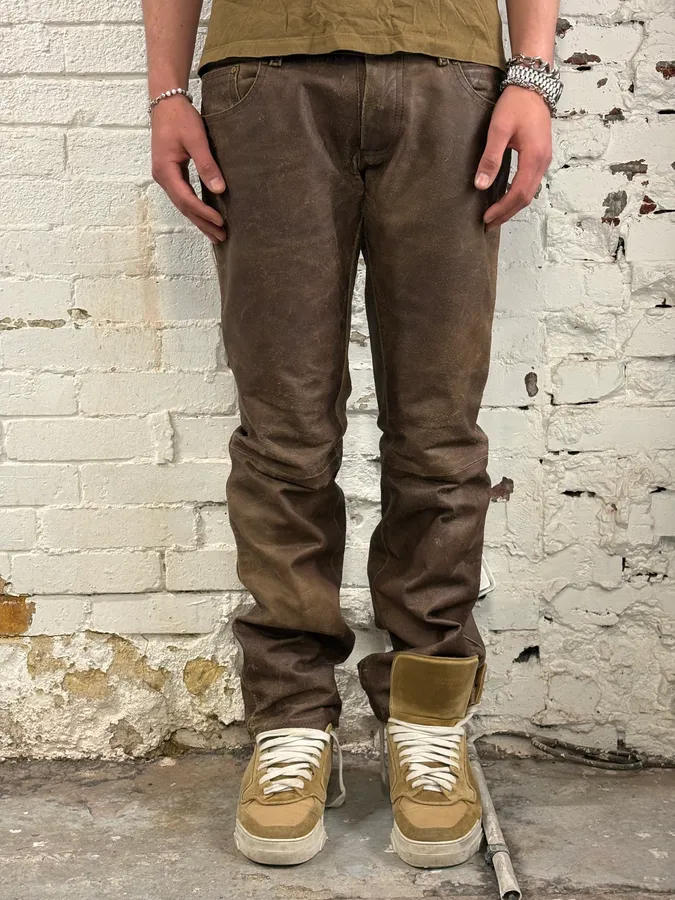 FW2002 Dsquared2 Brown Leather Eroded Pants - Image 2