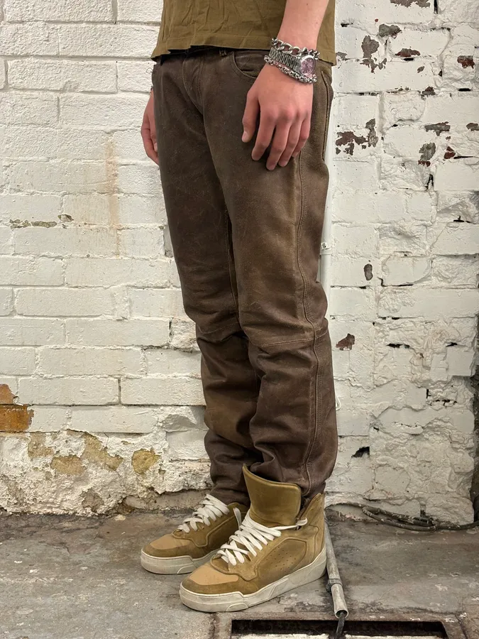 FW2002 Dsquared2 Brown Leather Eroded Pants - Image 3