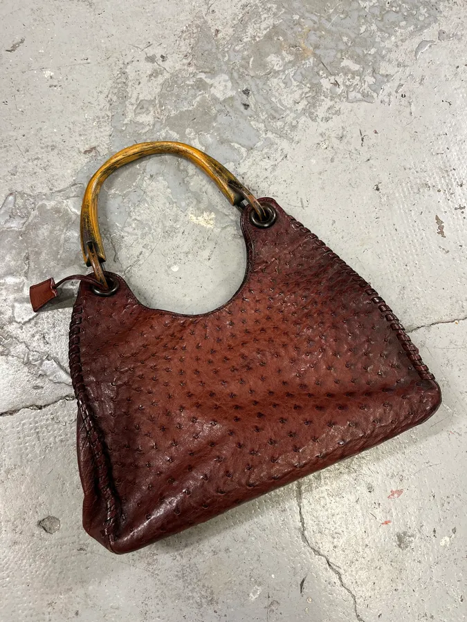FW2002 Gucci by Tom Ford Ostrich Leather Wood Top Handle Brown Bag - Image 4