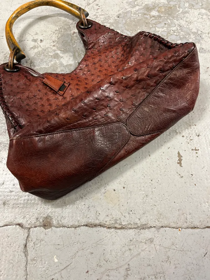FW2002 Gucci by Tom Ford Ostrich Leather Wood Top Handle Brown Bag - Image 9