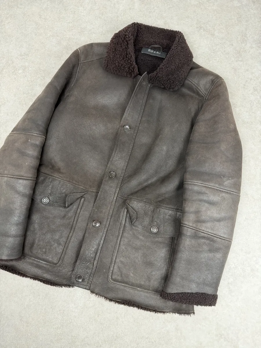 FW2002 Gucci Shearling Lamb Fur Brown Premium Leather Jacket - Image 2