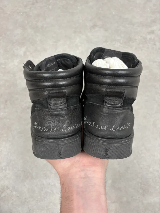 FW2002 Yves Saint Laurent Black Suede Leather High Sneakers - Image 6