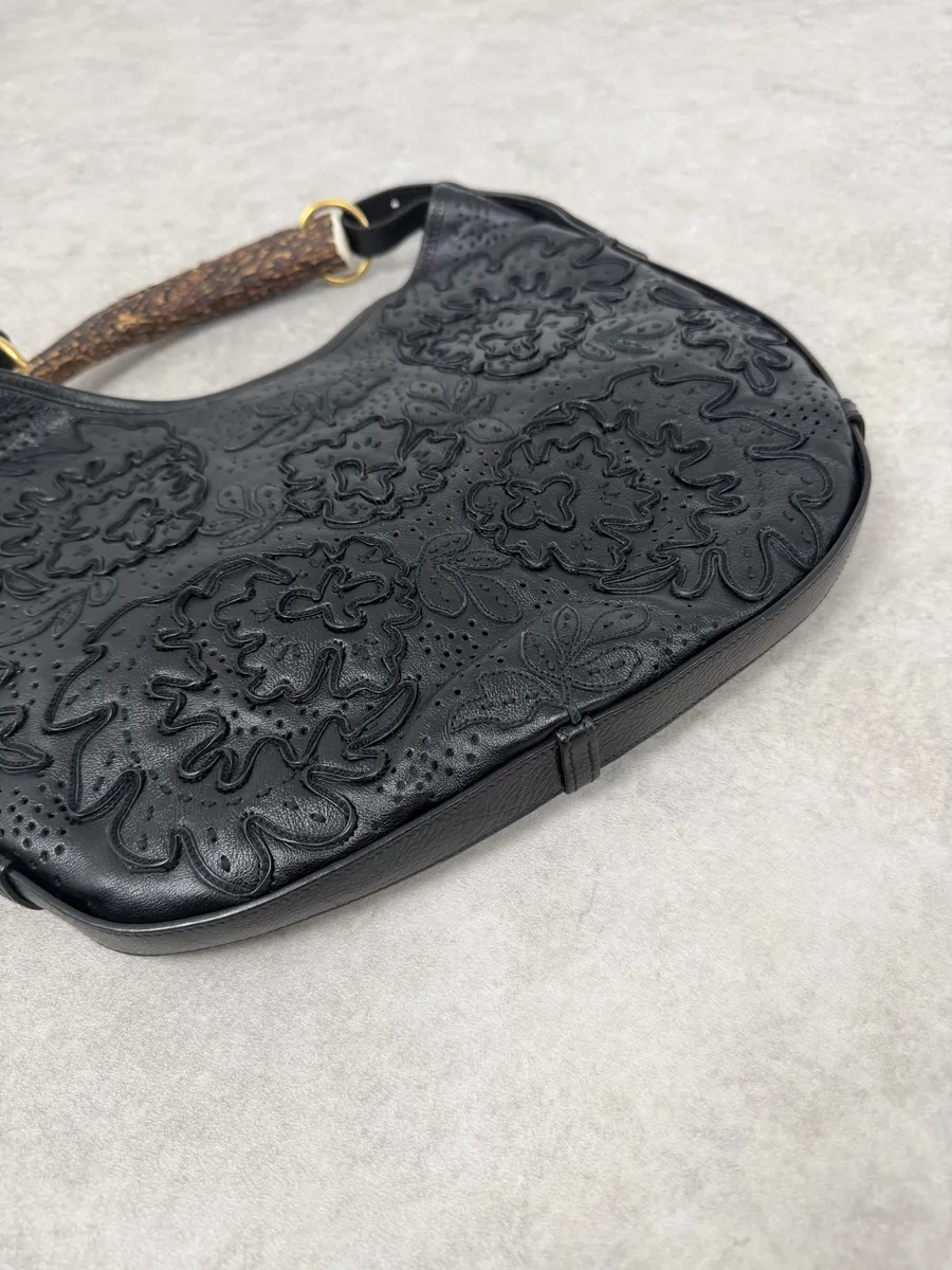 FW2002 Yves Saint Laurent Mombasa Embossed Flowers Black Leather Horn Handle Bag - Image 13