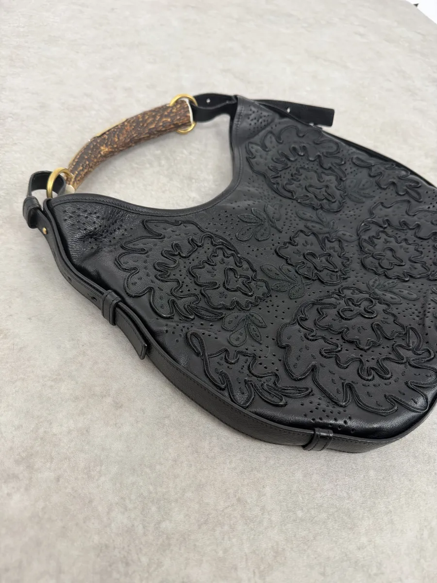 FW2002 Yves Saint Laurent Mombasa Embossed Flowers Black Leather Horn Handle Bag - Image 5