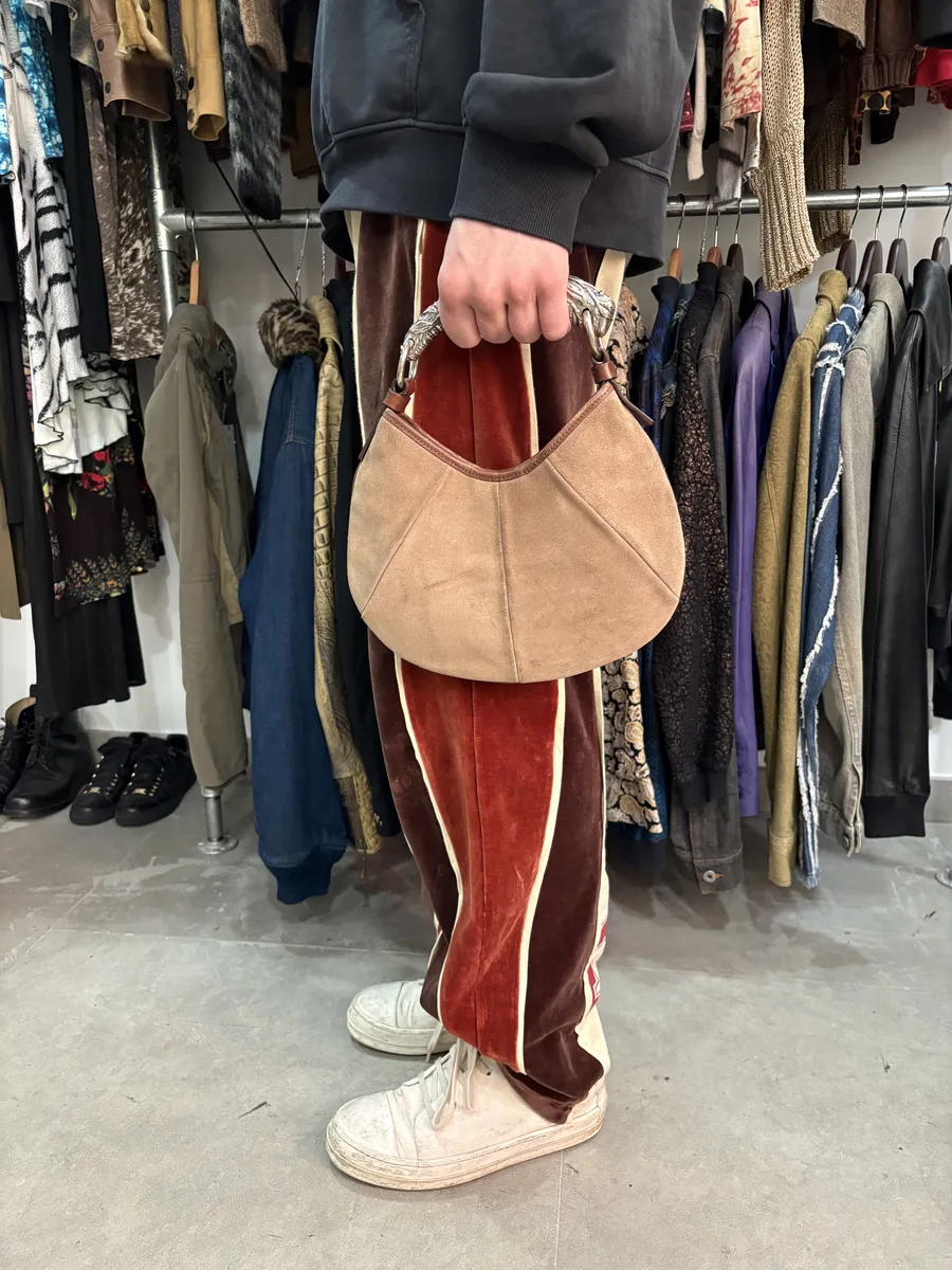 FW2002 Yves Saint Laurent Mombasa Tom Ford Metal Horn Handle Beige Suede Leather Bag - Image 4