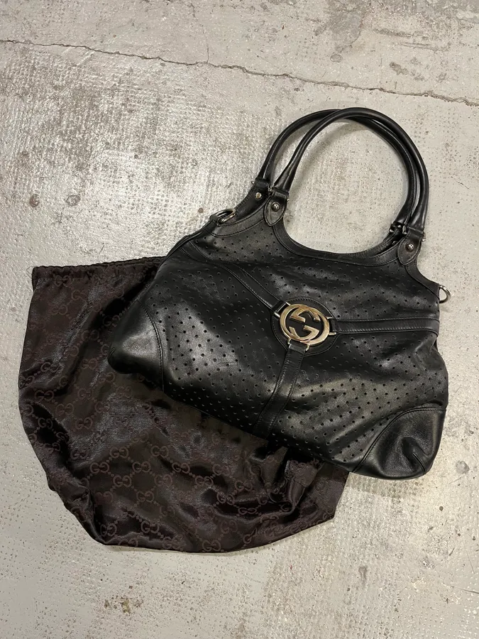FW2003 Gucci G Logo Perforated Black Leather Shoulder Bag