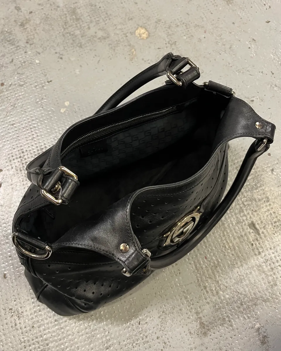 FW2003 Gucci G Logo Perforated Black Leather Shoulder Bag - Image 8