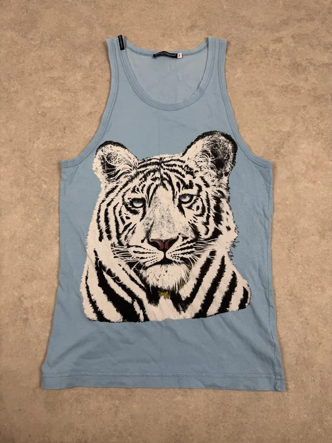 FW2004 Dolce & Gabbana White Tiger Baby Blue Tank Top
