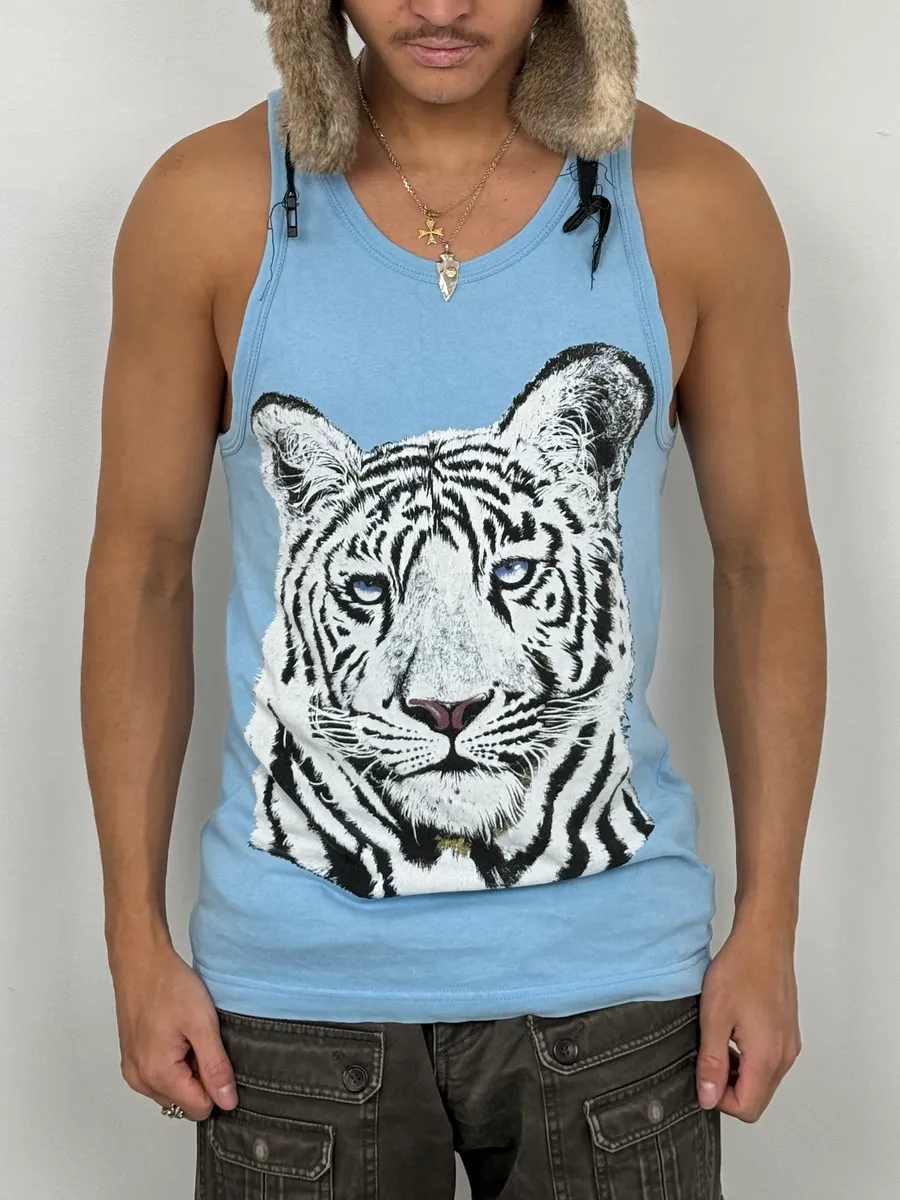FW2004 Dolce & Gabbana White Tiger Baby Blue Tank Top - Image 3