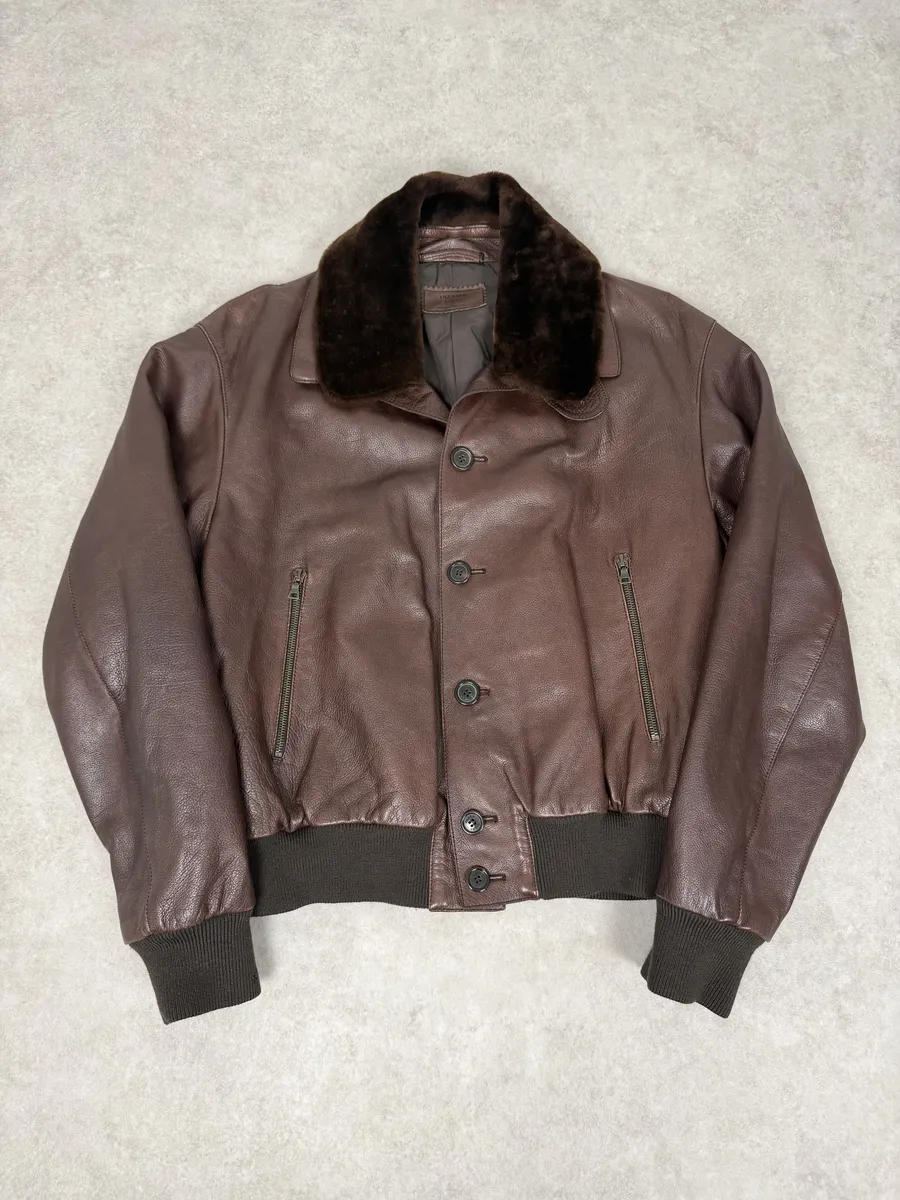 FW2004 Prada Brown Fur Collar Buttoned Leather Jacket
