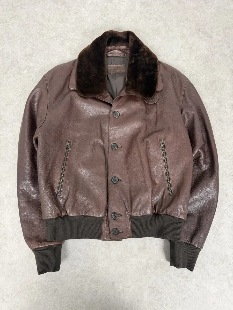 FW2004 Prada Brown Fur Collar Buttoned Leather Jacket - Image 6