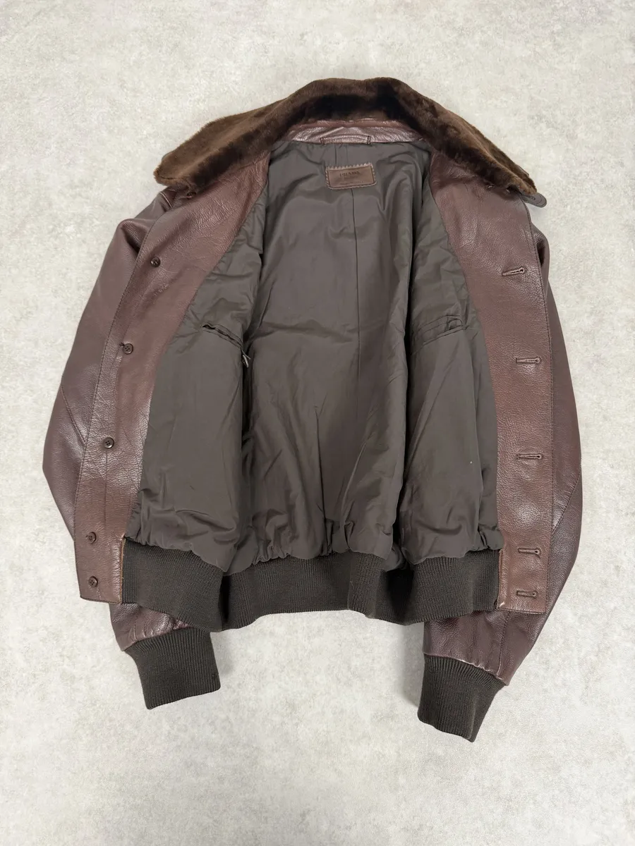 FW2004 Prada Brown Fur Collar Buttoned Leather Jacket - Image 9