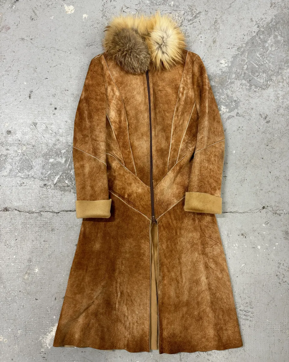 FW2004 Roberto Cavalli Brown Fur Leather Long Suede Premium Zip Jacket