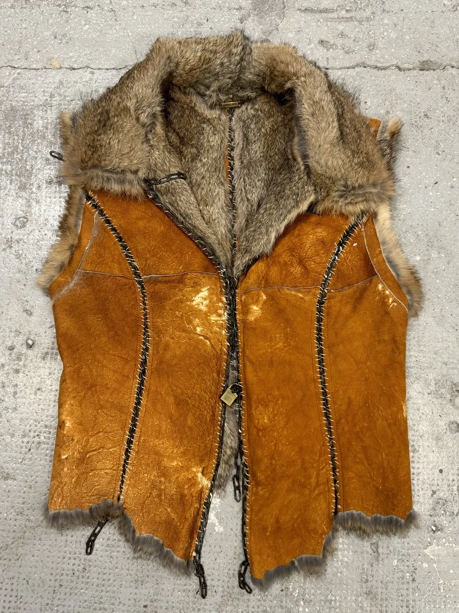 FW2004 Roberto Cavalli Rabbit Fur Camel Leather Embellished Vest
