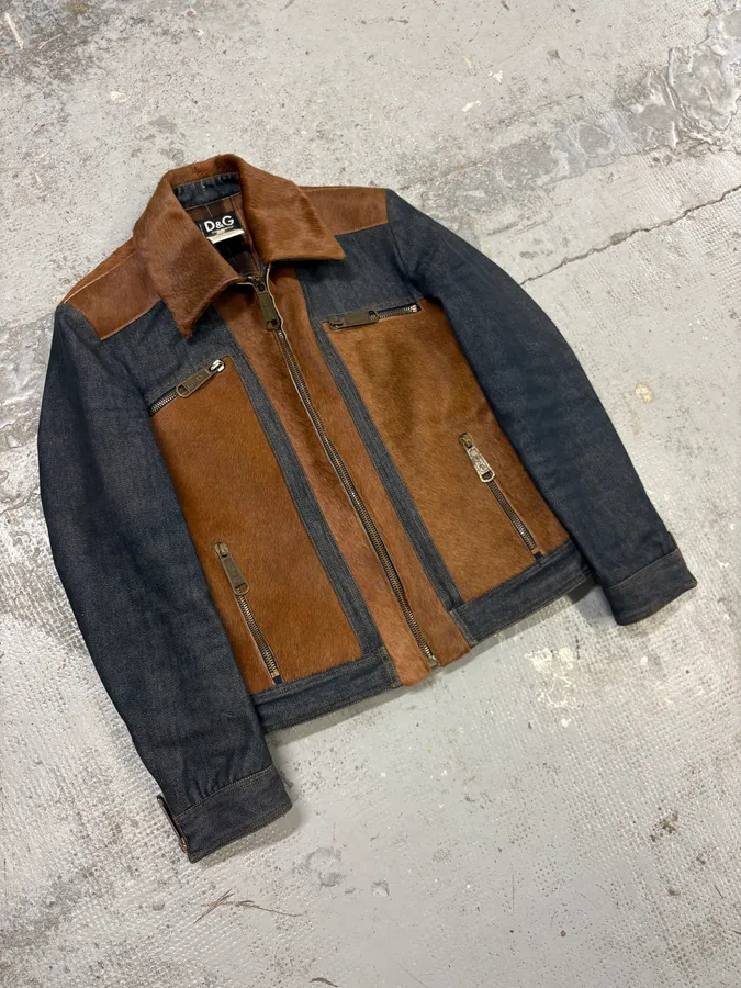 FW2005 Dolce & Gabbana Brown Pony Hair Blue Denim Jacket - Image 4