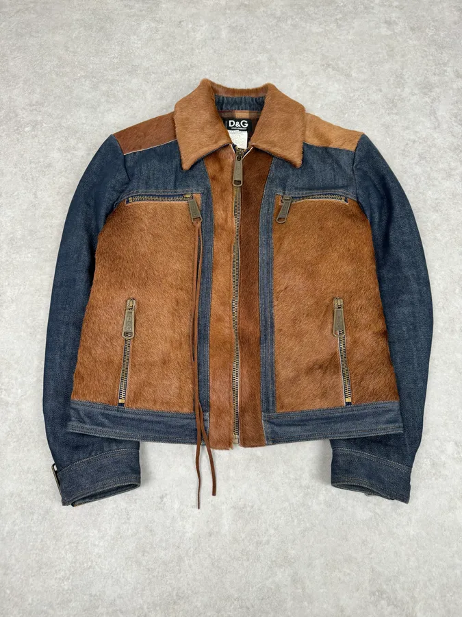 FW2005 Dolce & Gabbana Brown Pony Hair Hybrid Denim Jacket - Image 4