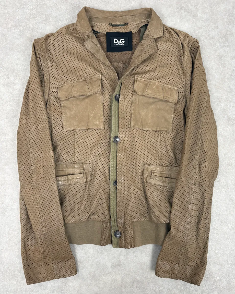FW2005 Dolce & Gabbana Perfored Army Brown Leather Jacket