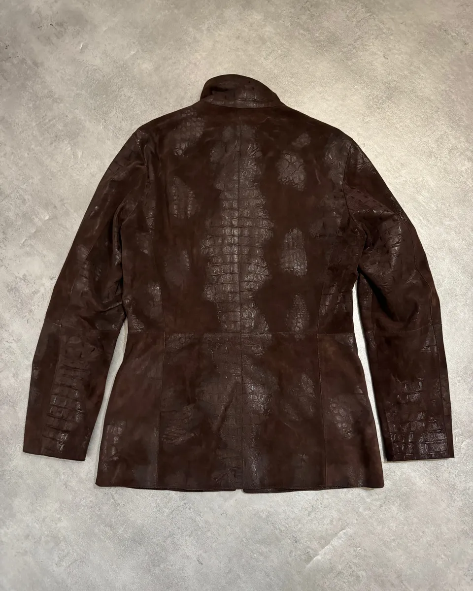 FW2005 Emporio Armani Brown Crocodile Effect Textured Leather Jacket - Image 3
