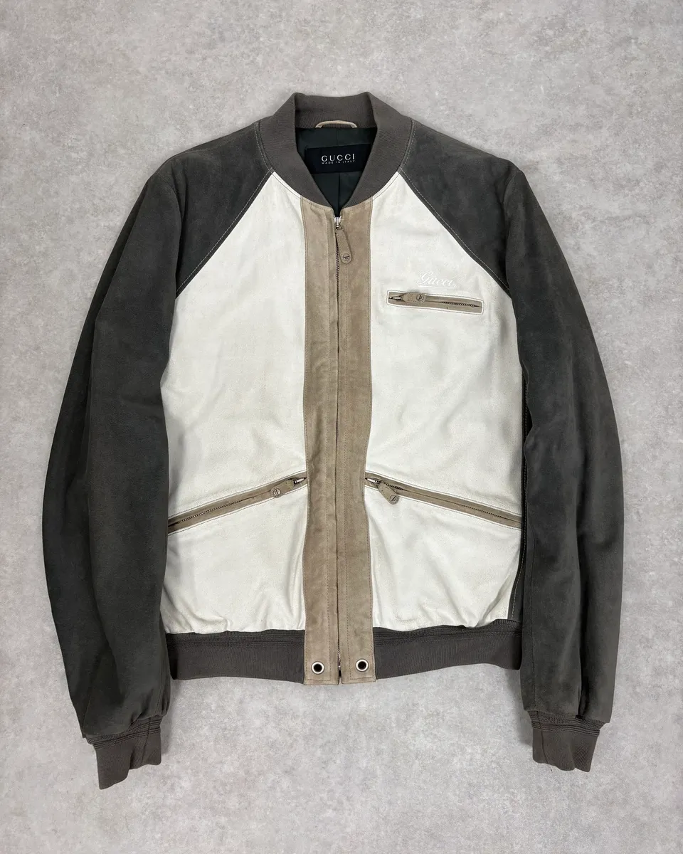 FW2005 Gucci White & Grey Suede Leather Bomber Jacket