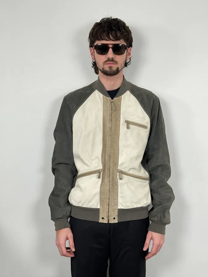 FW2005 Gucci White & Grey Suede Leather Bomber Jacket - Image 2