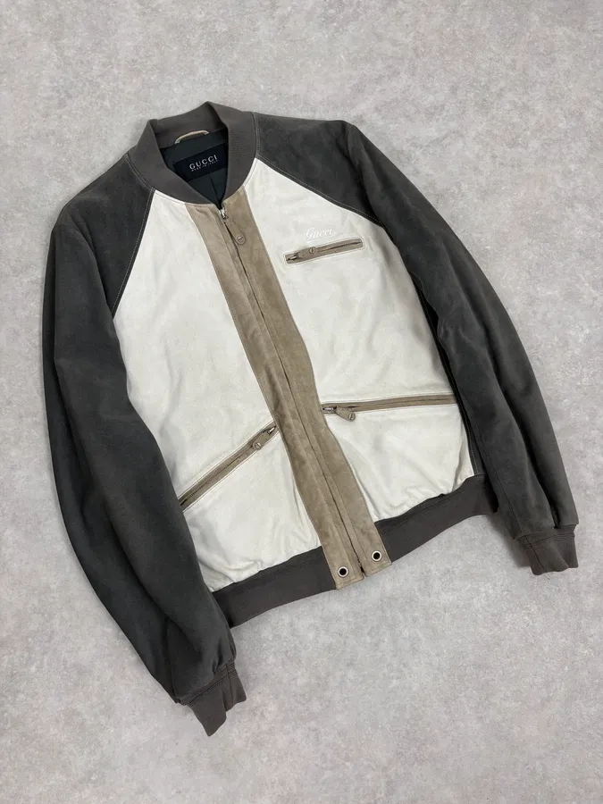 FW2005 Gucci White & Grey Suede Leather Bomber Jacket - Image 4