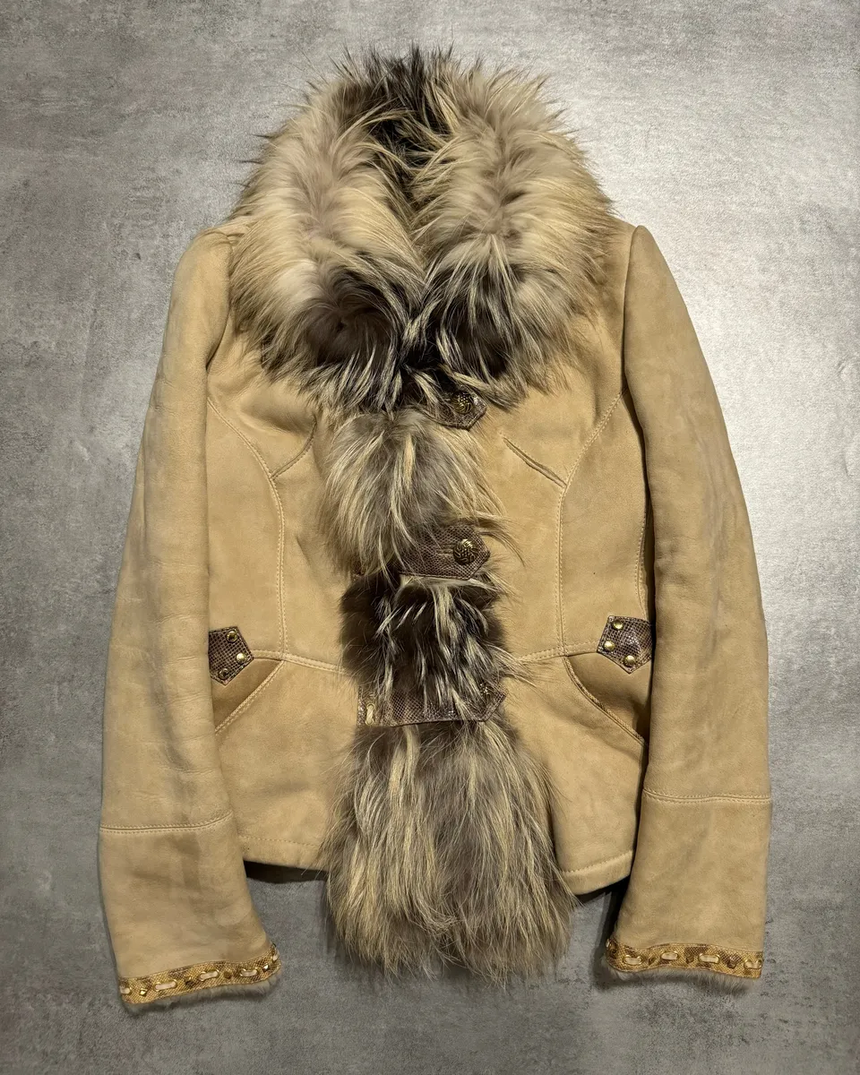 FW2006 Roberto Cavalli Beige Fur & Silk Leather Creamy Royal Jacket