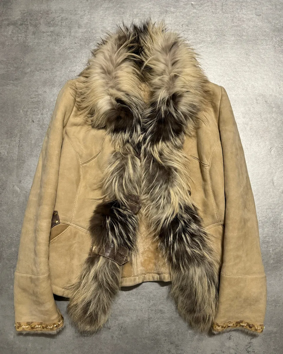 FW2006 Roberto Cavalli Beige Fur & Silk Leather Creamy Royal Jacket - Image 9