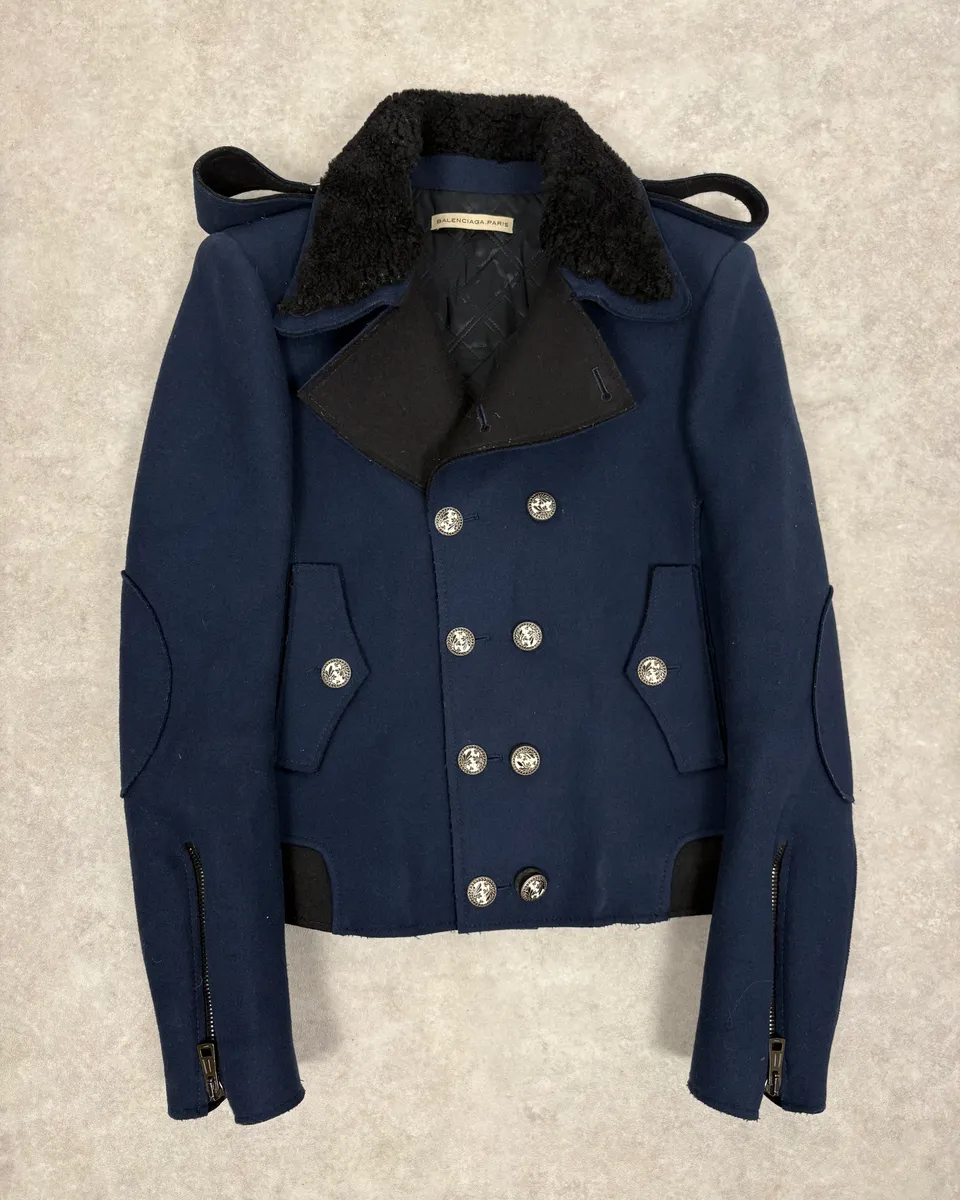 FW2007 Balenciaga Navy Wool Shearling Peacoat Jacket