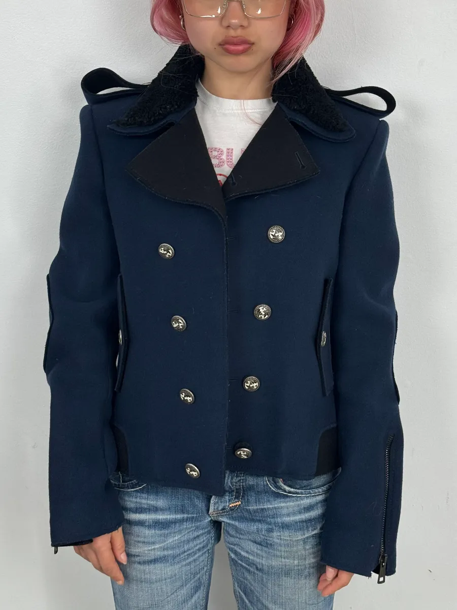 FW2007 Balenciaga Navy Wool Shearling Peacoat Jacket - Image 2