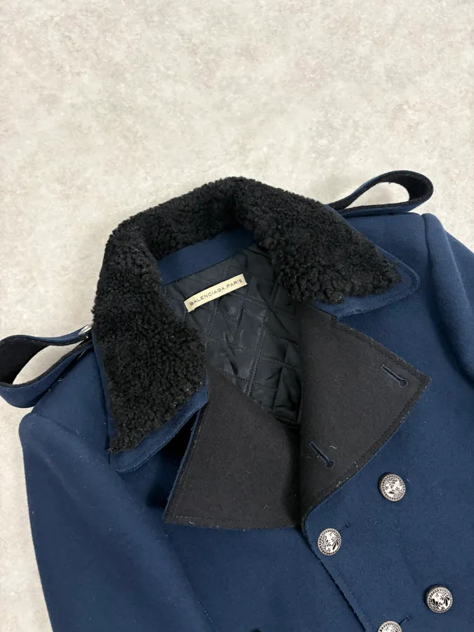 FW2007 Balenciaga Navy Wool Shearling Peacoat Jacket - Image 5