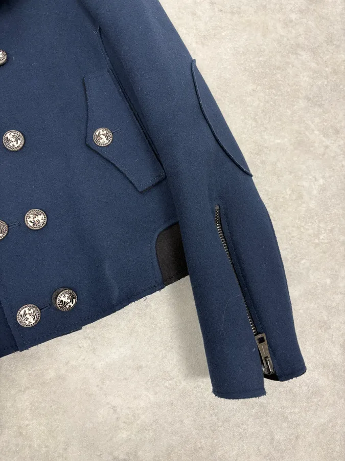 FW2007 Balenciaga Navy Wool Shearling Peacoat Jacket - Image 8
