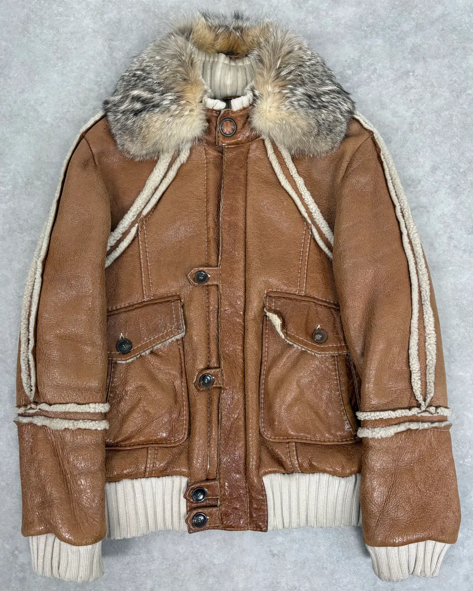 FW2007 Cavalli Brown Fur Aviator Leather Jacket