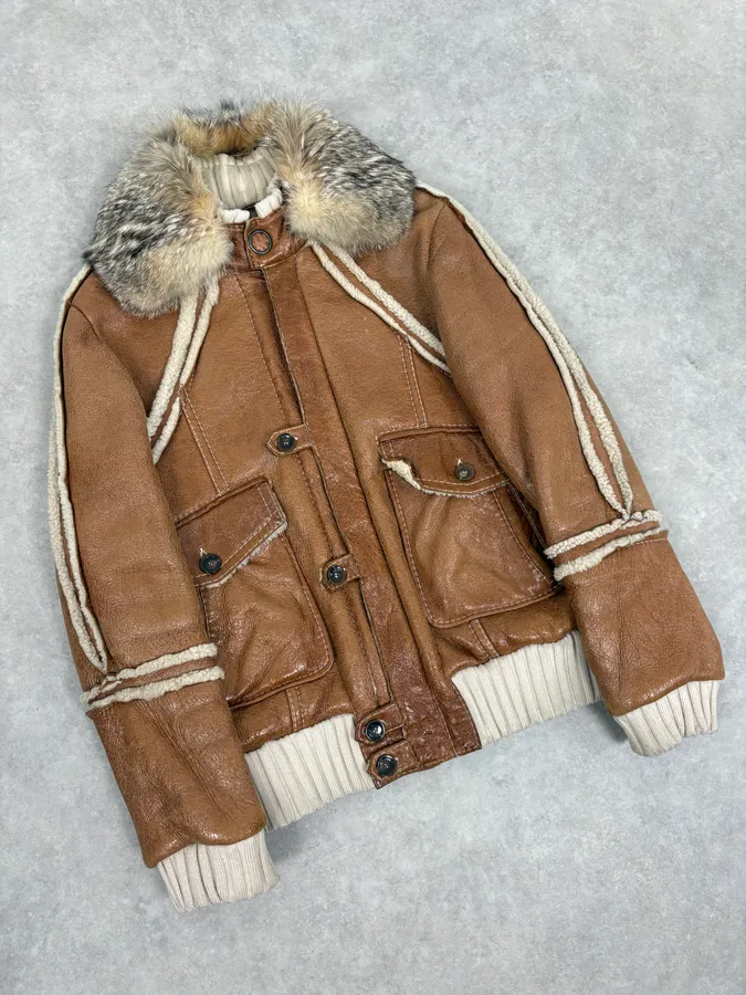 FW2007 Cavalli Brown Fur Aviator Leather Jacket - Image 4